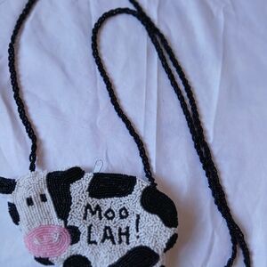 Kids Beaded Cow Crossbody Bag - Black & White
